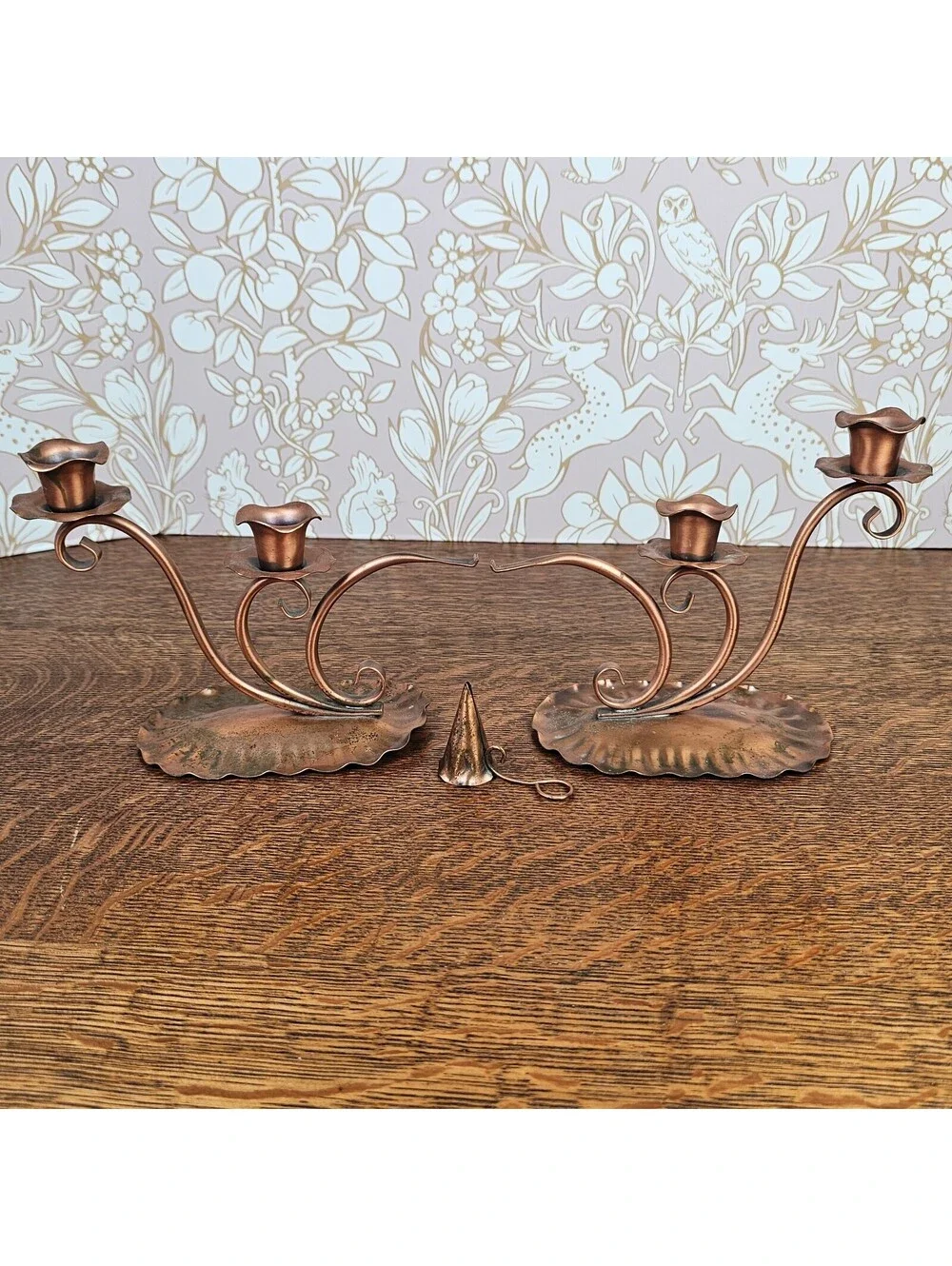 Vintage Gregorian Solid Copper Candle Holders Pair with Candle Snuffer